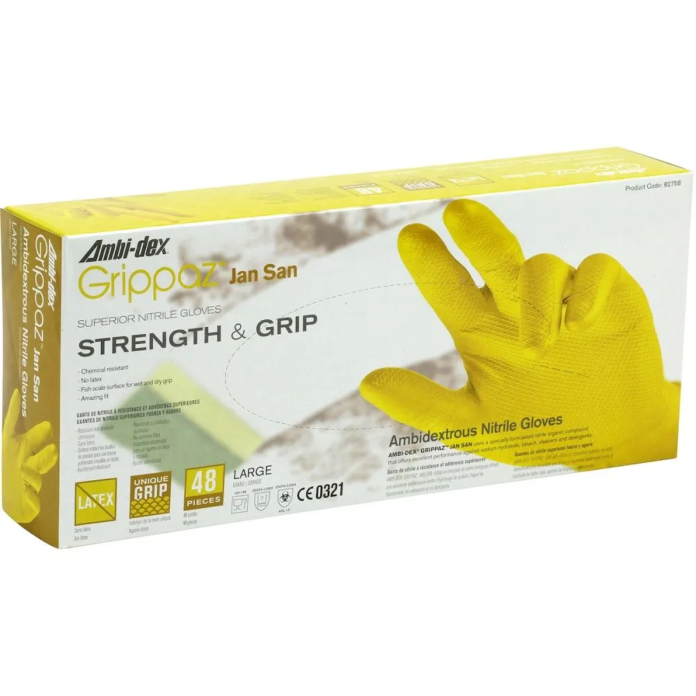 PIP Grippaz Jan San 67-306 6 Mil Extended Use Ambidextrous Nitrile Glove with Textured Fish Scale Grip, Yellow, Box of 48