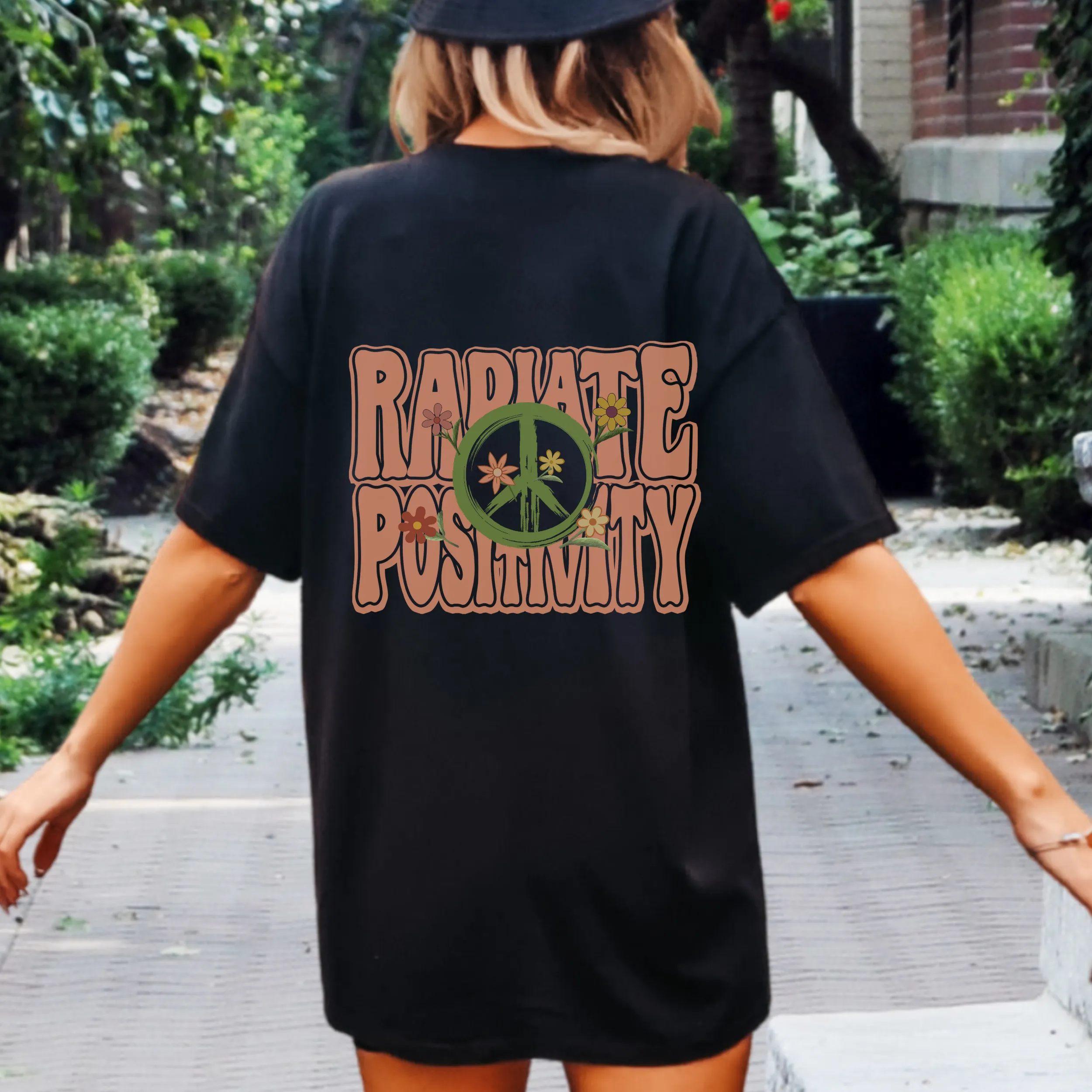 Radiate Positivity Unisex Comfort Colors® T-shirt, Women's Distressed, Retro, Positive Energy, Kindness T-Shirt, Black or Pepper with Front and back design