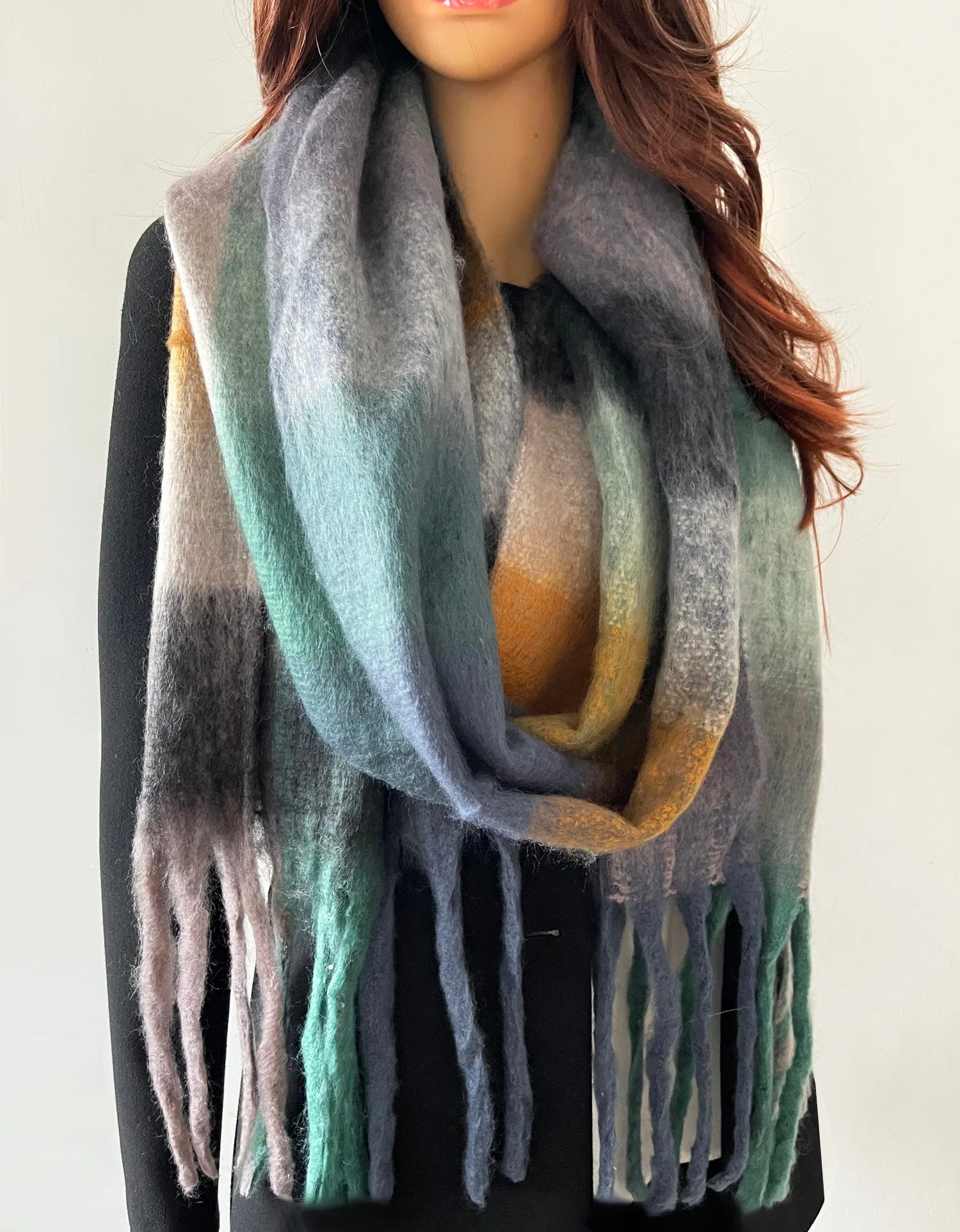 SEA GREEN CHECKED WOOL RAINBOW BLANKET SCARF OVERSIZED WINTER SHAWL WRAP