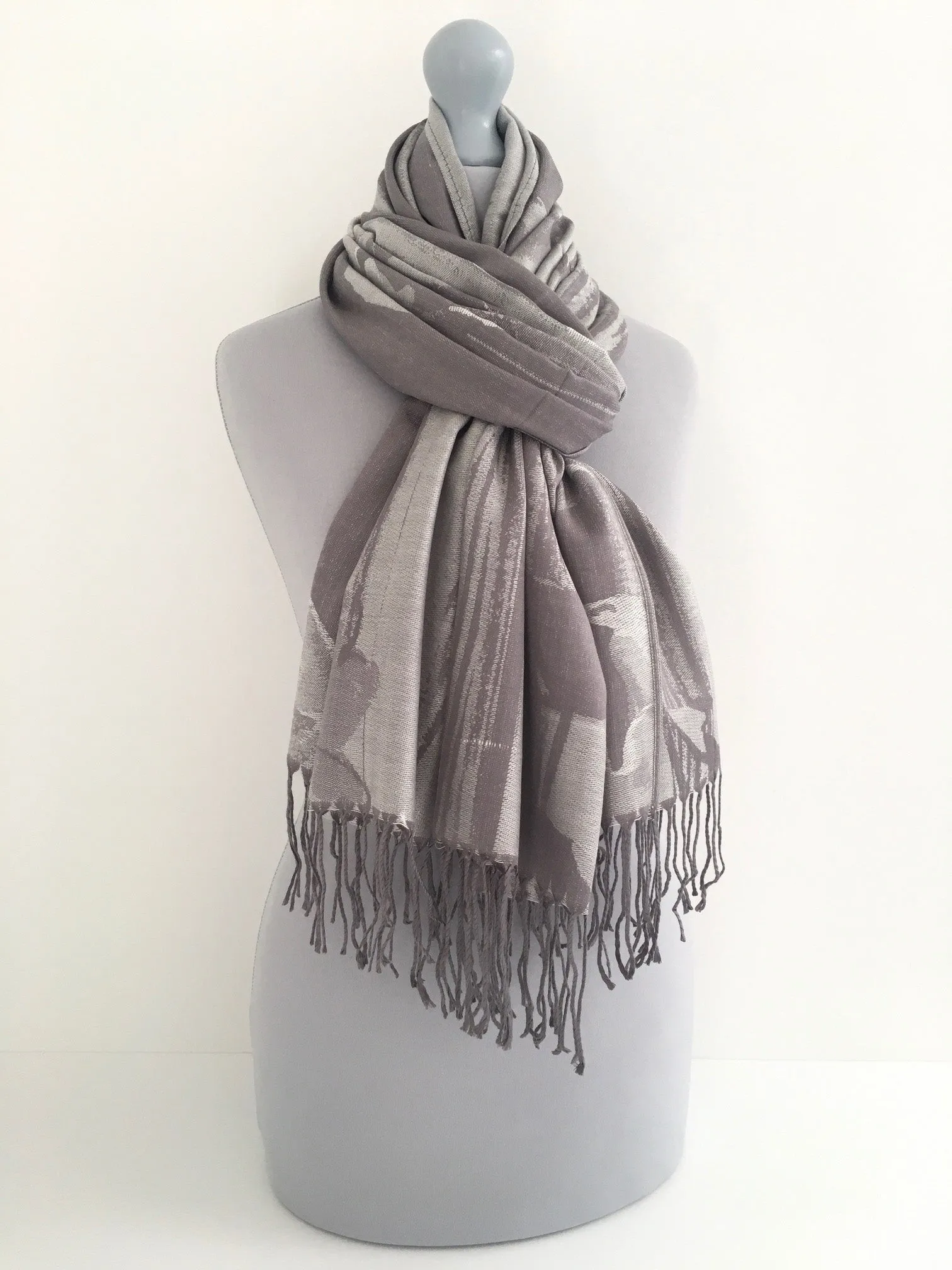 SILVER GREY REVERSIBLE PASHMINA SHAWL SCARF IN ABSTRACT FLORAL PRINT