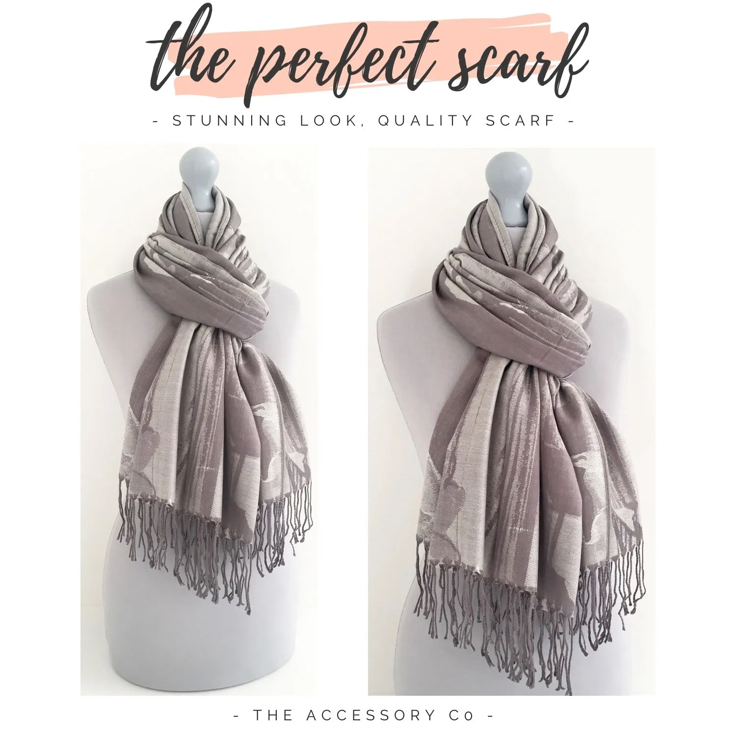 SILVER GREY REVERSIBLE PASHMINA SHAWL SCARF IN ABSTRACT FLORAL PRINT