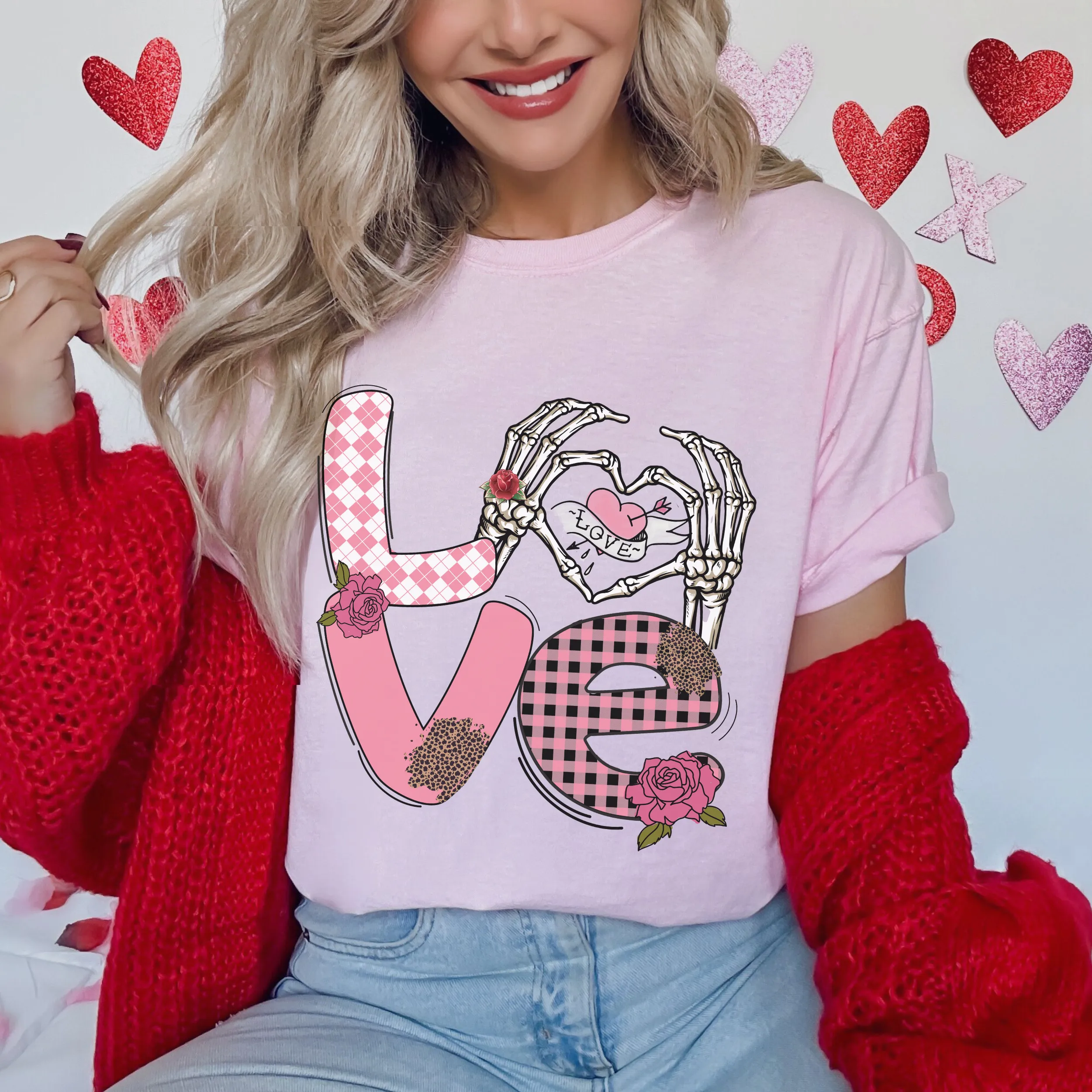 Valentine's Day Women's Comfort Colors T-Shirt, Gift for Her, Comfy Tee, Always Free Shipping, Skeleton Hands and Flowers Design