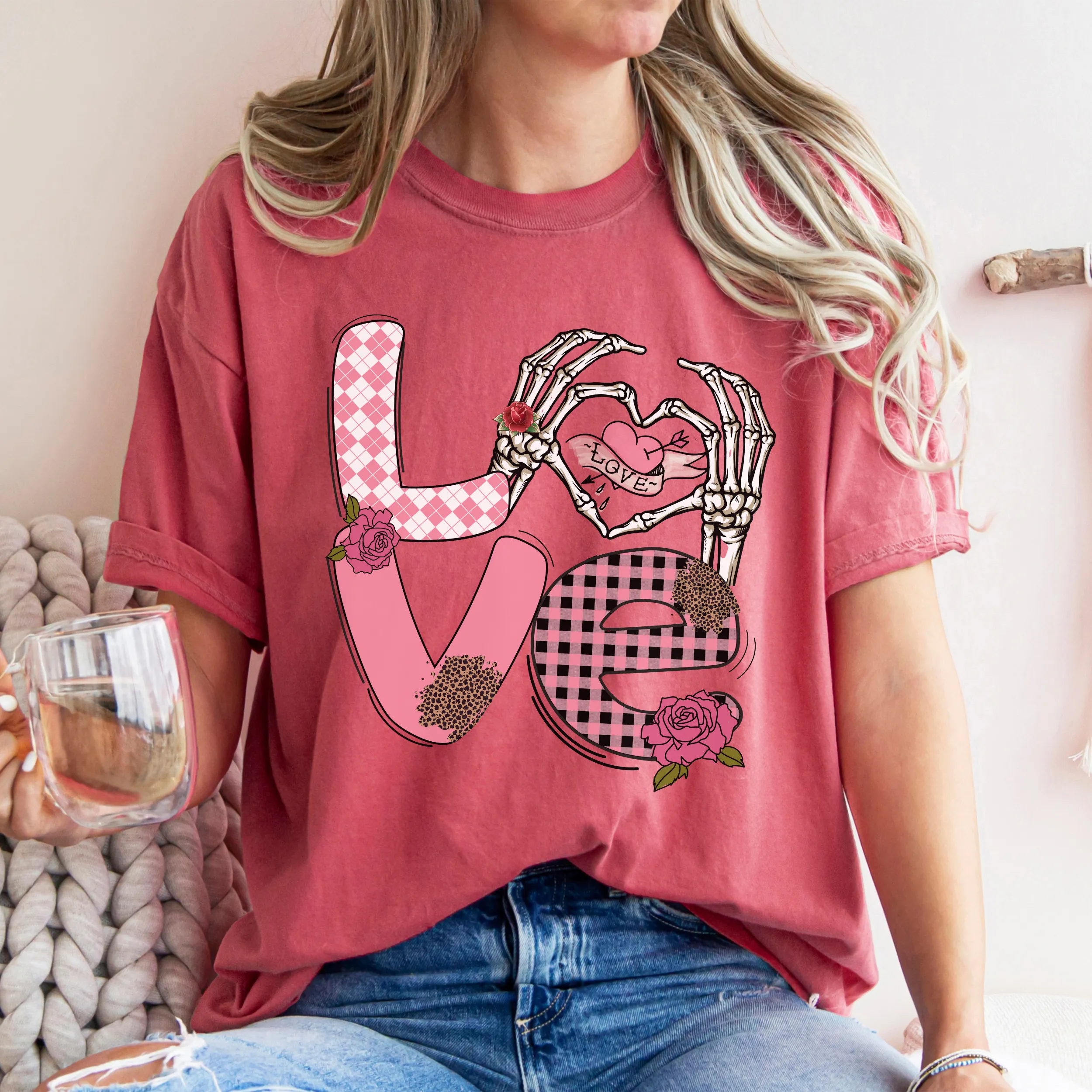 Valentine's Day Women's Comfort Colors T-Shirt, Gift for Her, Comfy Tee, Always Free Shipping, Skeleton Hands and Flowers Design