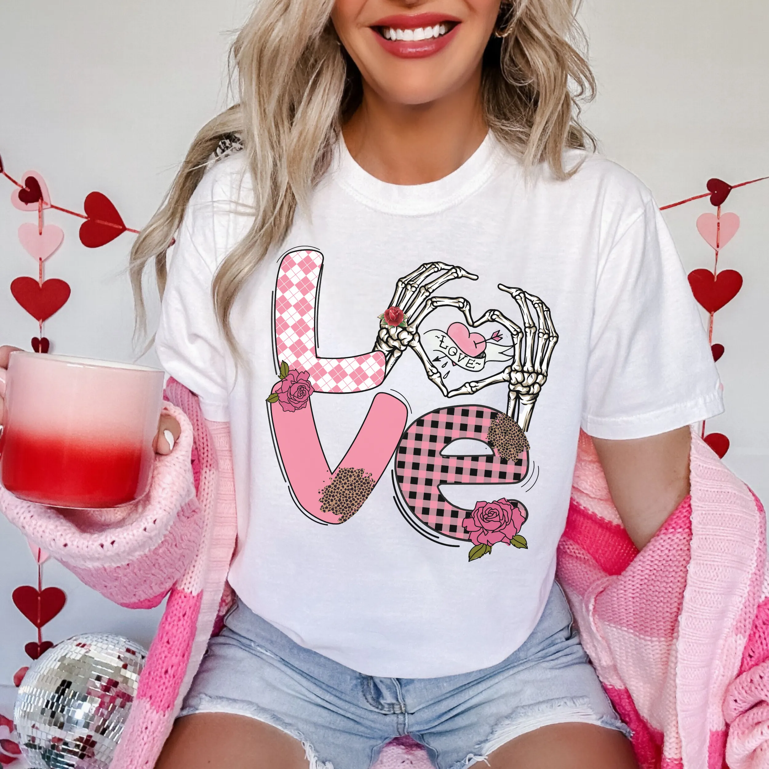 Valentine's Day Women's Comfort Colors T-Shirt, Gift for Her, Comfy Tee, Always Free Shipping, Skeleton Hands and Flowers Design