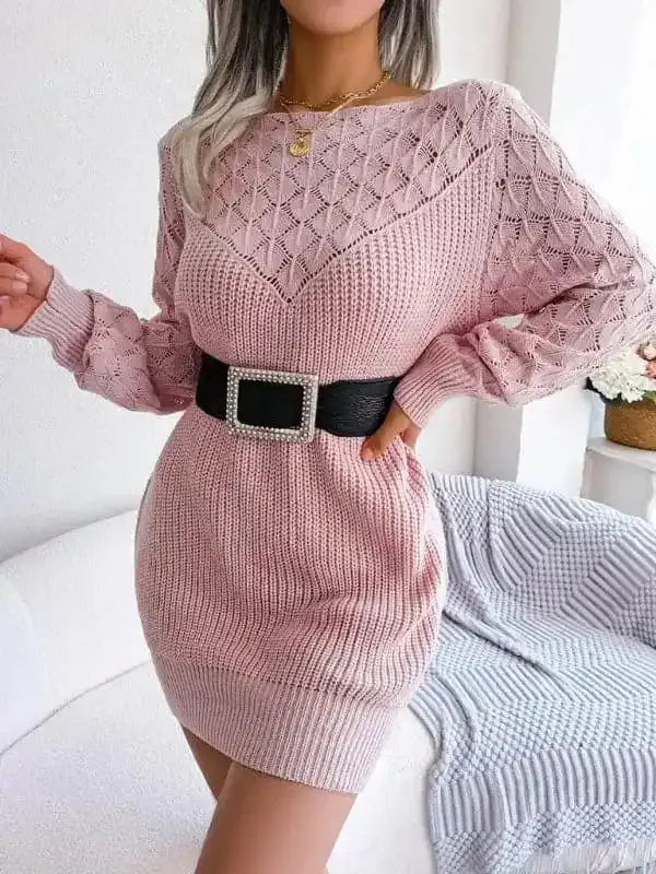 Women’s Solid Color Long Sleeve Cable Knit Sweater Mini dress