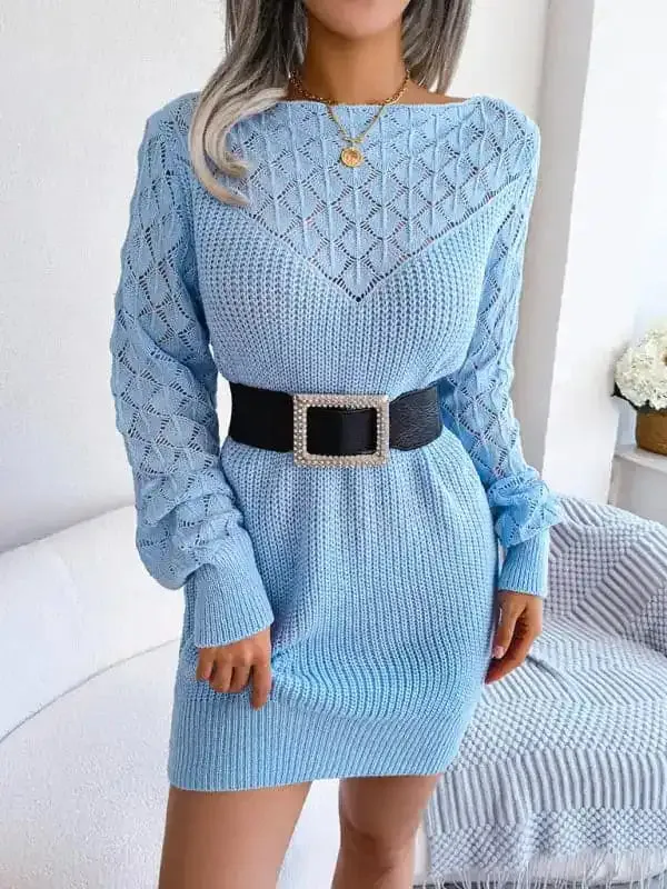 Women’s Solid Color Long Sleeve Cable Knit Sweater Mini dress