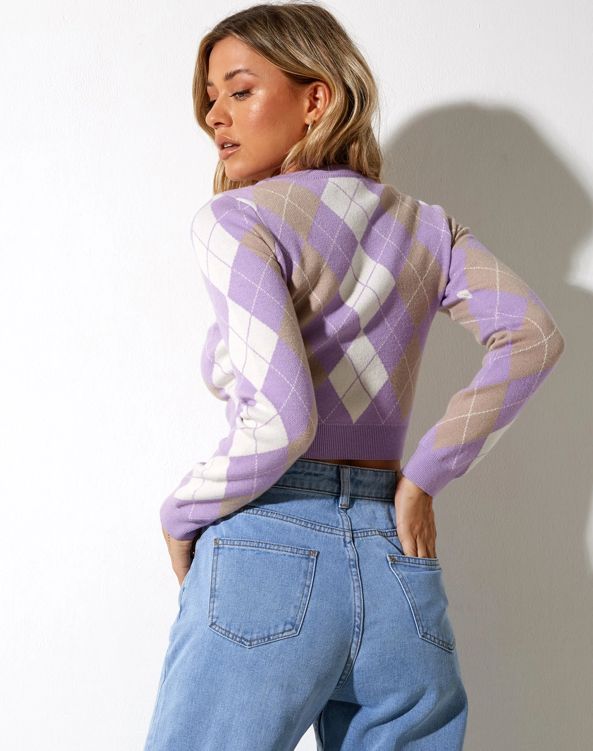 Zuki Jumper in Argyle Lilac Cream and Tan